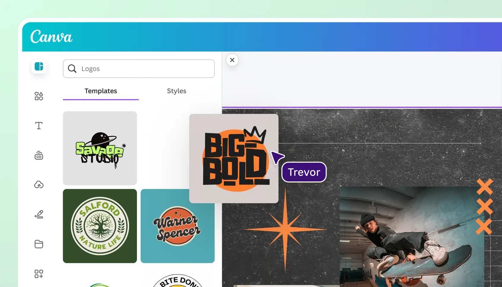 Antarmuka Canva Logo Maker menampilkan galeri template logo siap pakai di panel kiri dan kanvas desain di sebelah kanan